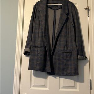 Liverpool Los Angeles Navy Blue & Khaki Plaid Knit Open Front Blazer 3x